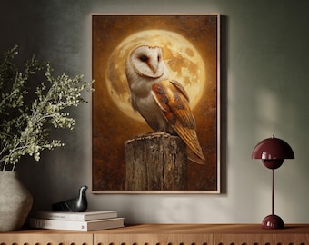 Barn Owl with Full Moon | Mystical Autumn Wildlife Wall Art