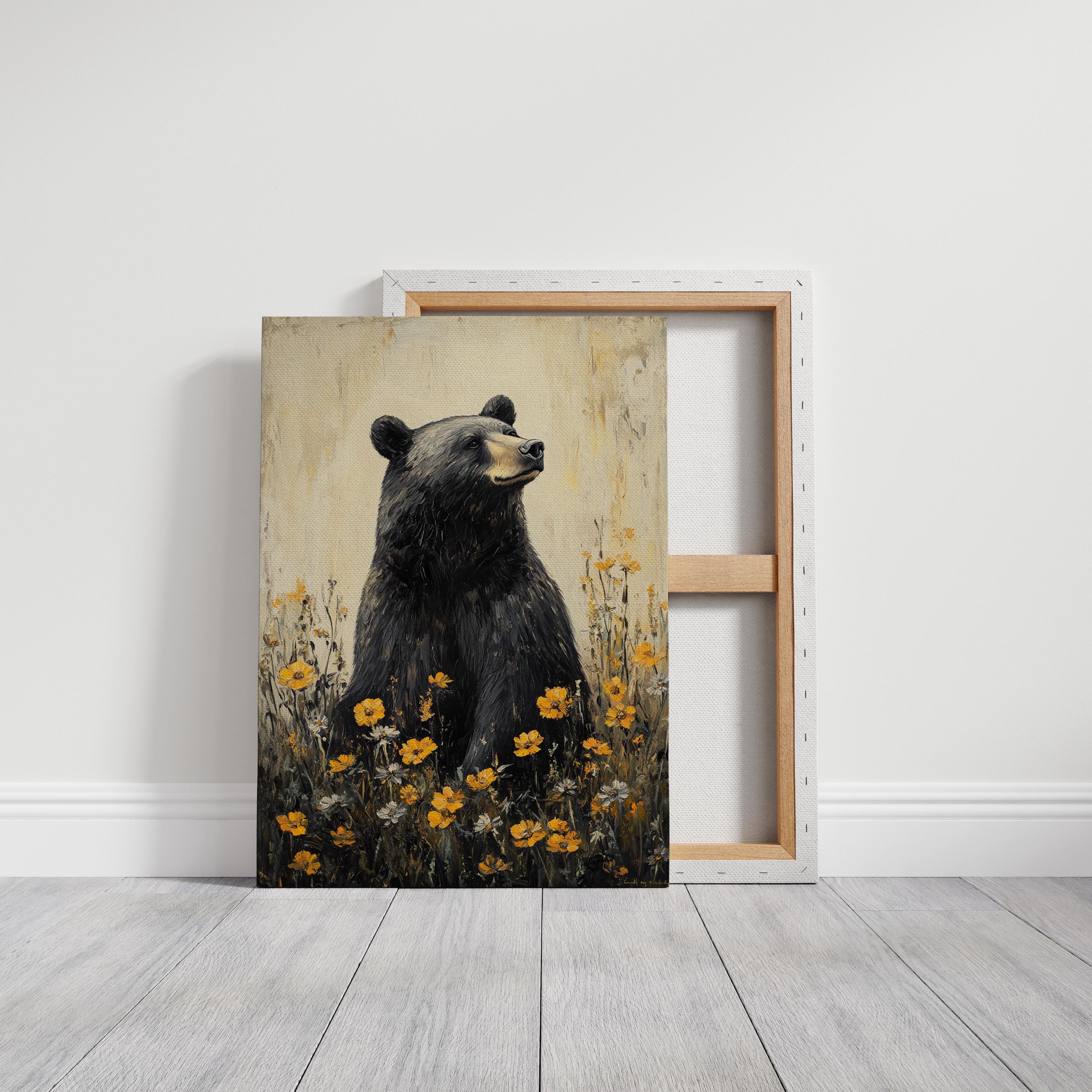 黄金の野花に囲まれた黒クマ – 素朴な野生動物のキャンバスアート