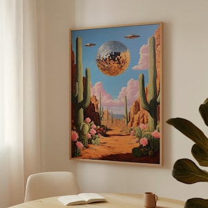 Surreale Wüste Disco Kunst, Kaktus und UFO Leinwanddruck, Retro futuristisches Wanddekor, Ästhetik des Südwestens
