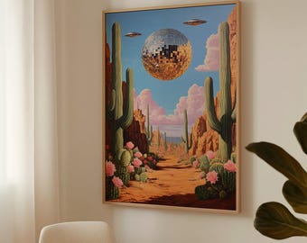 Impresión en lienzo de arte surrealista de discoteca en el desierto, cactus y ovnis, decoración de pared retro futurista, póster estético del suroeste
