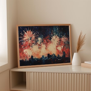 Red White And Blue Fireworks Over City Skyline Canvas Wall Art | Patriotic Fourth Of July Night Painting | Celebration Wall Decor