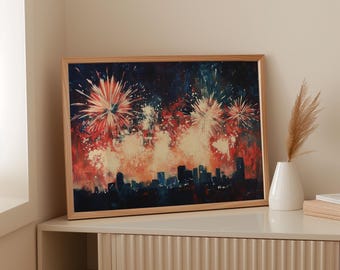 Red White And Blue Fireworks Over City Skyline Canvas Wall Art | Patriotic Fourth Of July Night Painting | Celebration Wall Decor