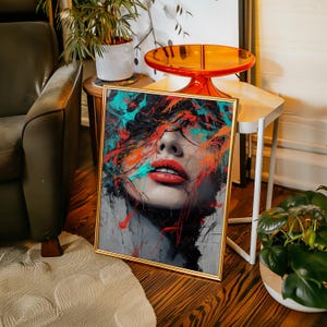 Lienzo abstracto con rostro de mujer, labios rojos intensos y salpicaduras de pintura, expresionismo, impresión de arte pop moderno para una decoración contemporánea vanguardista.