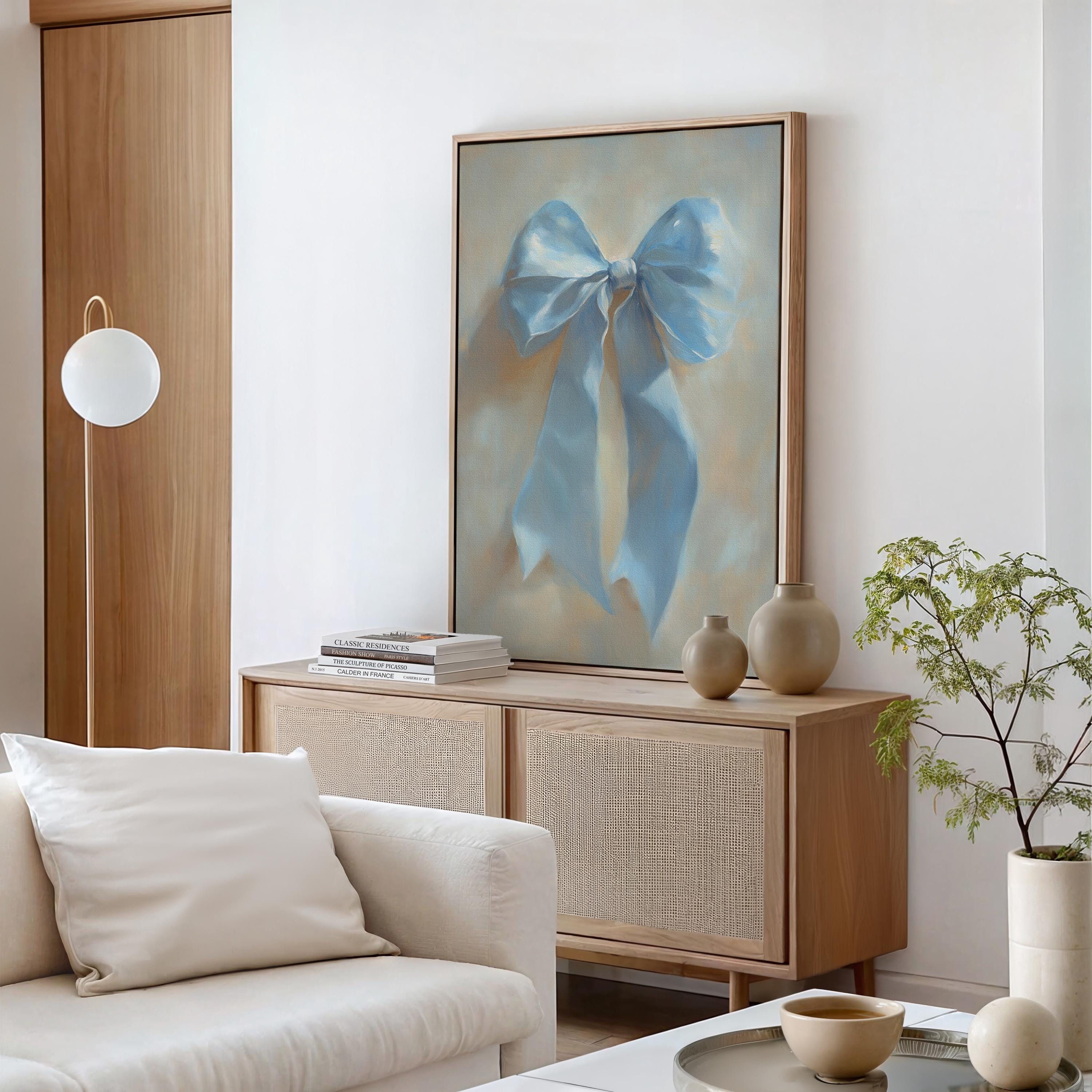 Soft Blue Satin Bow Painting - Elegant Light Blue Ribbon Artwork for Feminine, Romantic Home Decor and Timeless Charm