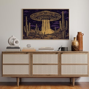 Desert UFO Encounter Wall Art – Vintage Sci-Fi Spaceship Beams Over Cactus Landscape, Western Alien Abduction Print