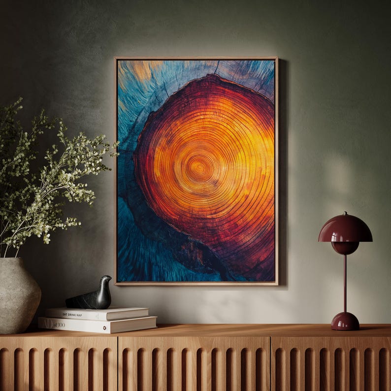 Vibrant Tree Ring Wall Art Bold Abstract Wood Grain Print in Fiery