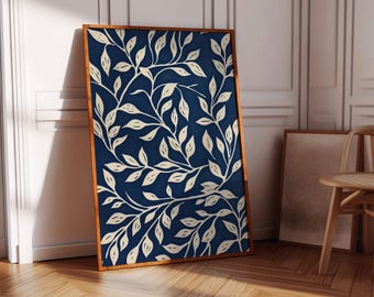Impresión moderna de hojas en azul marino y crema: lienzo minimalista con estampado botánico para decoración contemporánea o escandinava.