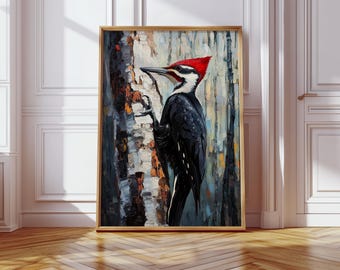 Pileated Woodpecker Canvas Art – Bold Red Crested Bird Painting, Forest Wildlife Wall Decor, Rustic Nature-Inspired Artwork