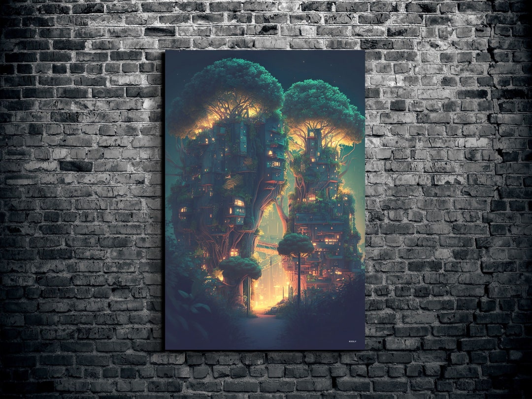 Massive Treehouse Art Print Poster, Forest Landscape Wall Art, Fantasy