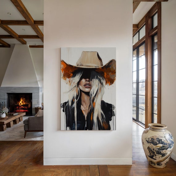 Abstract Cowgirl Wall Art - Modern Western Canvas with Blonde Woman in Cowboy Hat, Rustic Farmhouse Style for Unique Decor