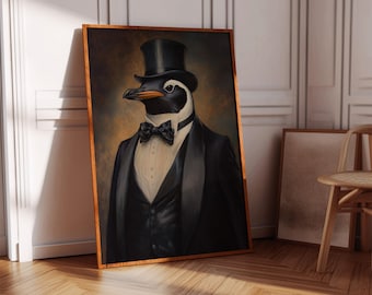 Penguin in Top Hat and Tuxedo Wall Art | Dapper Penguin Portrait Canvas | Vintage Animal Decor for Sophisticated and Whimsical Style