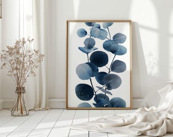 Minimalist Blue Eucalyptus Watercolor Wall Art, Modern Botanical Print with Round Leaves, Navy and Indigo Tones for Calm Nature Decor