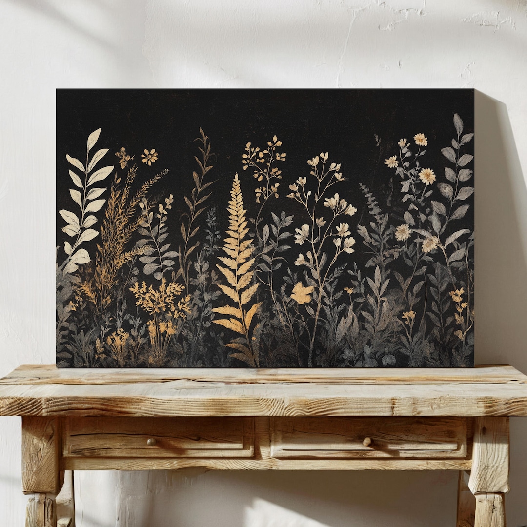 Black and Gold Botanical Canvas Wall Art – Elegant Modern Floral Print ...