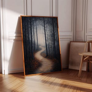 Misty Forest Path Canvas Wall Art, Dark Moody Woodland Painting with Winding Trail, Mystical Foggy Tree Landscape, Nature Home Decor