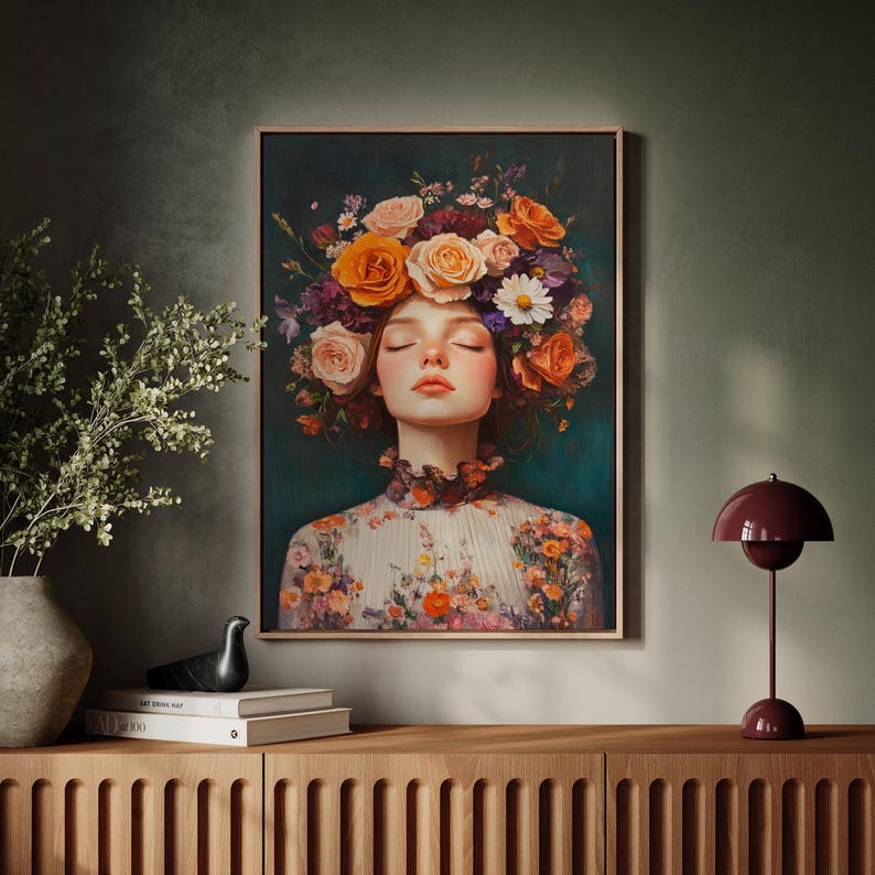 Floral Crown Portrait Canvas Wall Art | Vintage Oil Painting of Woman ...