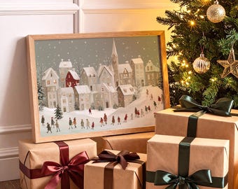 Snowy Christmas Village Canvas Wall Art | Winter Town Painting Print | Festive Holiday Décor with Children, Snowfall, and Cozy Homes