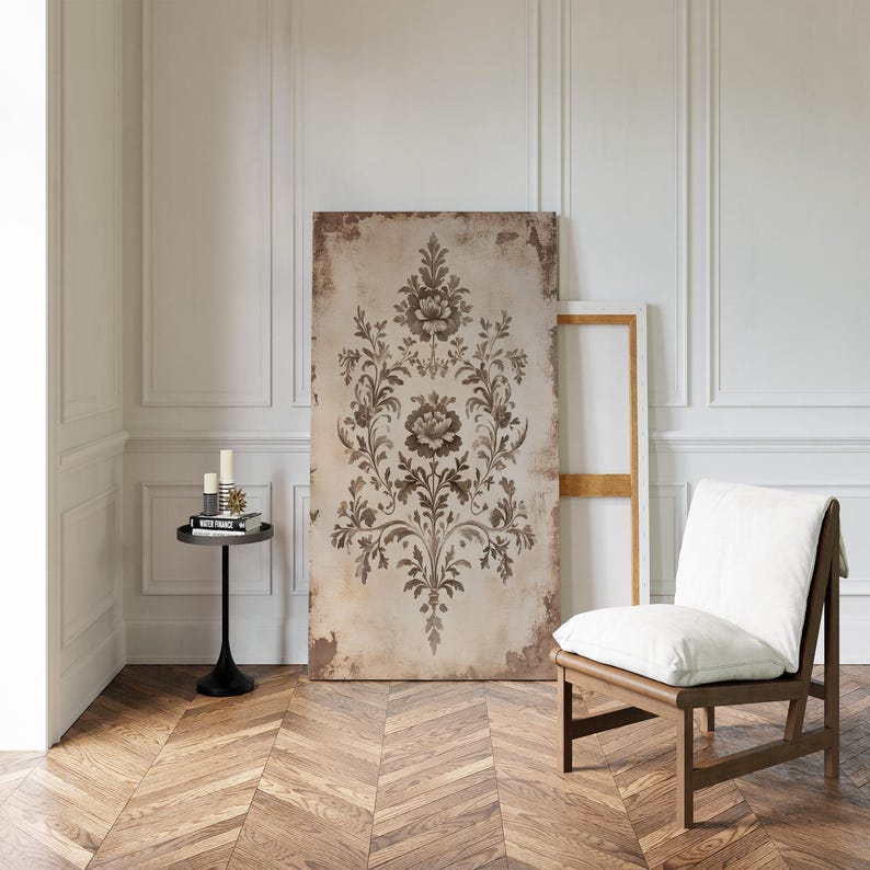 Vintage botanical canvas art with antique floral patterns in sepia tones, perfect for French country or rustic decor themes.