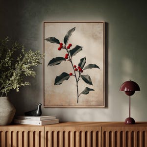 Holly Branch Canvas Art - Vintage Botanical Holiday Decor with Red Berries and Green Leaves - Elegant Christmas Wall Art for Winter Style