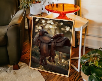 Western Saddle Canvas Wall Art, Rustic Cowboy Decor, Leather Horse Tack Print, Western Ranch Artwork for Farmhouse or Country Home