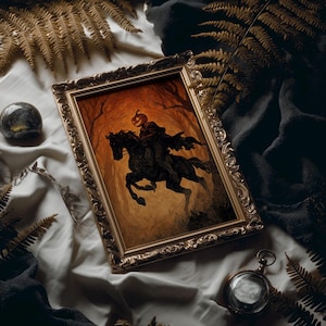Arte de Halloween de un jinete sin cabeza cabalgando por un bosque embrujado
