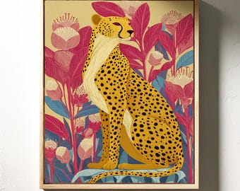 Gouden cheetah tussen gedurfde bloempatronen