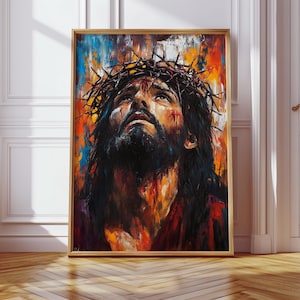 Jesus Crown of Thorns Canvas Wall Art, Bold Christian Painting of Christ, Emotional Religious Poster, Faith-Based Home Decor Print