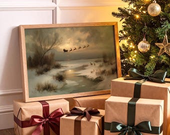 Santa Sleigh and Reindeer Canvas Wall Art | Vintage Christmas Painting Print | Magical Winter Night Scene Holiday Décor Landscape
