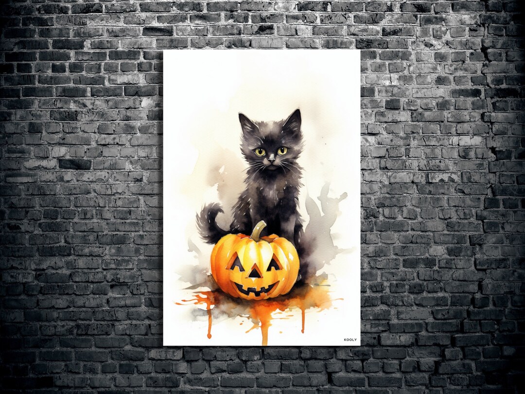 Black Cat and a Pumpkin Wall Art, Canvas Wall Print, Halloween Art ...