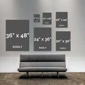 May include: A wall display of various sizes of gray canvas prints with the text "KOOLY" and the dimensions of each print in inches.