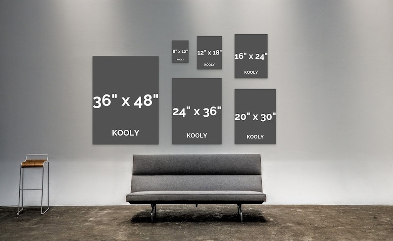 May include: A wall display of various sizes of gray canvas prints with the text "KOOLY" and the dimensions of each print in inches.