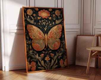 Butterfly Wall Art, Vintage Botanical Butterfly Canvas, Golden Floral Insect Illustration, Elegant Nature-Inspired Home Décor Artwork