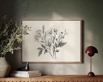 Vintage Botanical Line Art, Wildflower Sketch, Minimalist Floral Print, Black Ink Drawing, Nature Wall Decor, Rustic Farmhouse Canvas