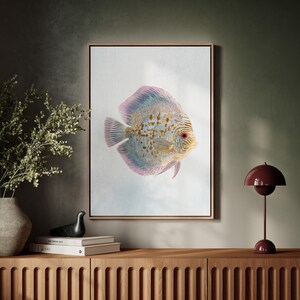 Tropical Discus Fish Watercolor Wall Art, Coastal Nautical Marine Print for Bathroom, Beach House, or Ocean-Inspired Home Decor