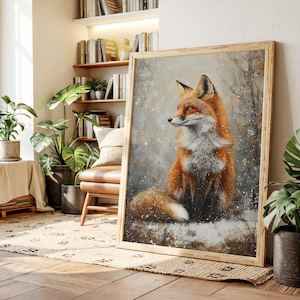 Red Fox Canvas Wall Art, Woodland Winter Animal Print, Rustic Snowy Forest Fox Poster, Cozy Cabin Nature Decor, Wildlife Painting