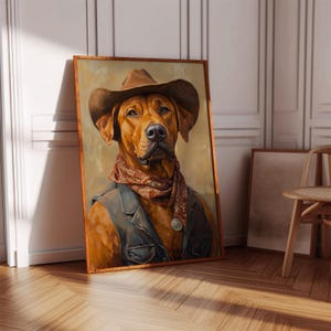 Cowboy Dog Wall Art Canvas – Majestic Brown Hound in Western Outfit with Hat and Bandana – Rustic Sheriff Pet Portrait for Home Decor