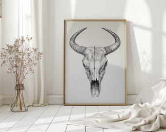 Western Bull Skull Line Art - Vintage Ranch Dekor Schwarz-Weiß-gehörnter Schädel Illustration für rustikale Cowboy oder Boho Wanddekoration