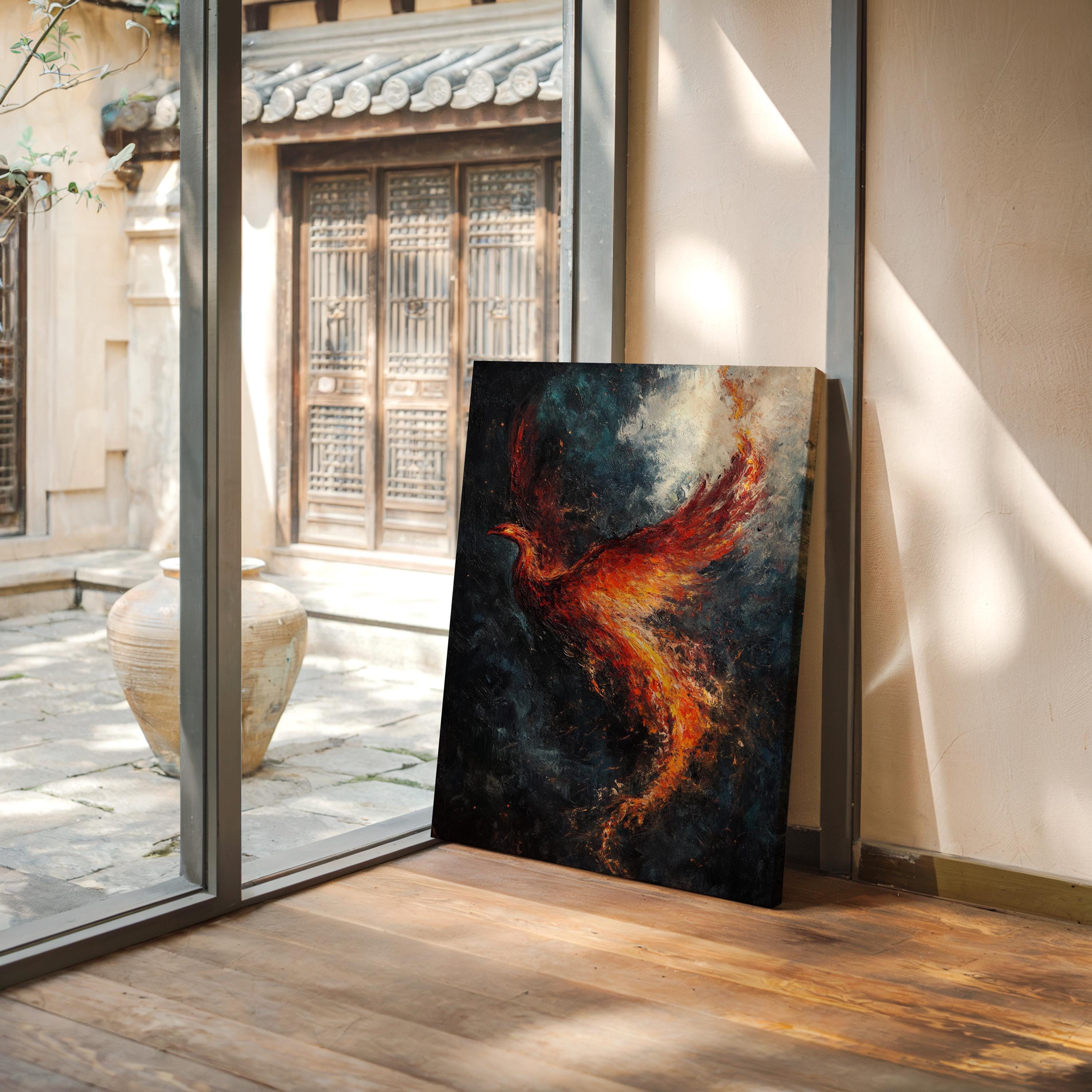 Vivid Phoenix Rising Canvas Wall Art - Abstract Fire Bird Painting ...