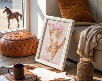 Cowboy Cat in Pink Hat Western Whimsical Art