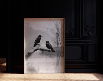 Stimmungsvoller Rabe Kunstdruck, Gothic Krähe Wandkunst, Dunkle Waldrabe Malerei, Schwarzer Vogel Kunstwerk, Dramatische Naturszene, Gothic Wohnkultur