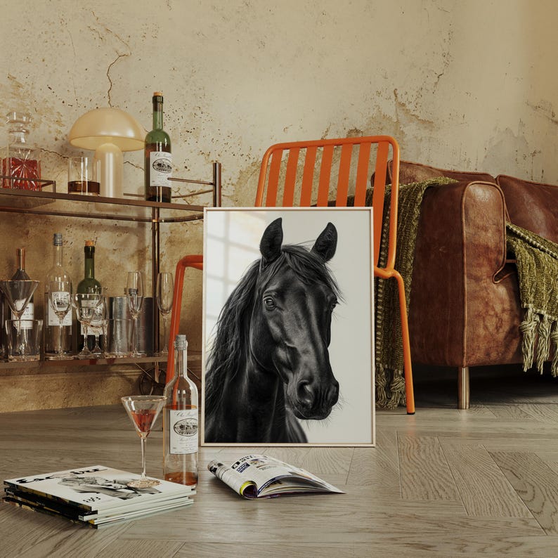 May include: A framed black and white portrait of a horse's head. The artwork is displayed in a room with a bar cart, a leather sofa, and an orange chair. A magazine and a cocktail glass are in the foreground.