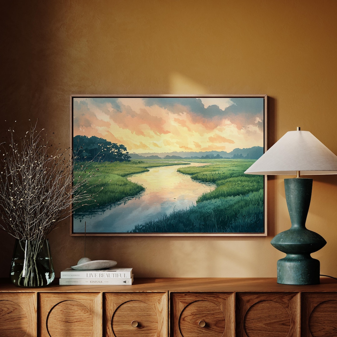 Golden Sunset Over River Marsh Landscape | Serene Nature Canvas Wall ...