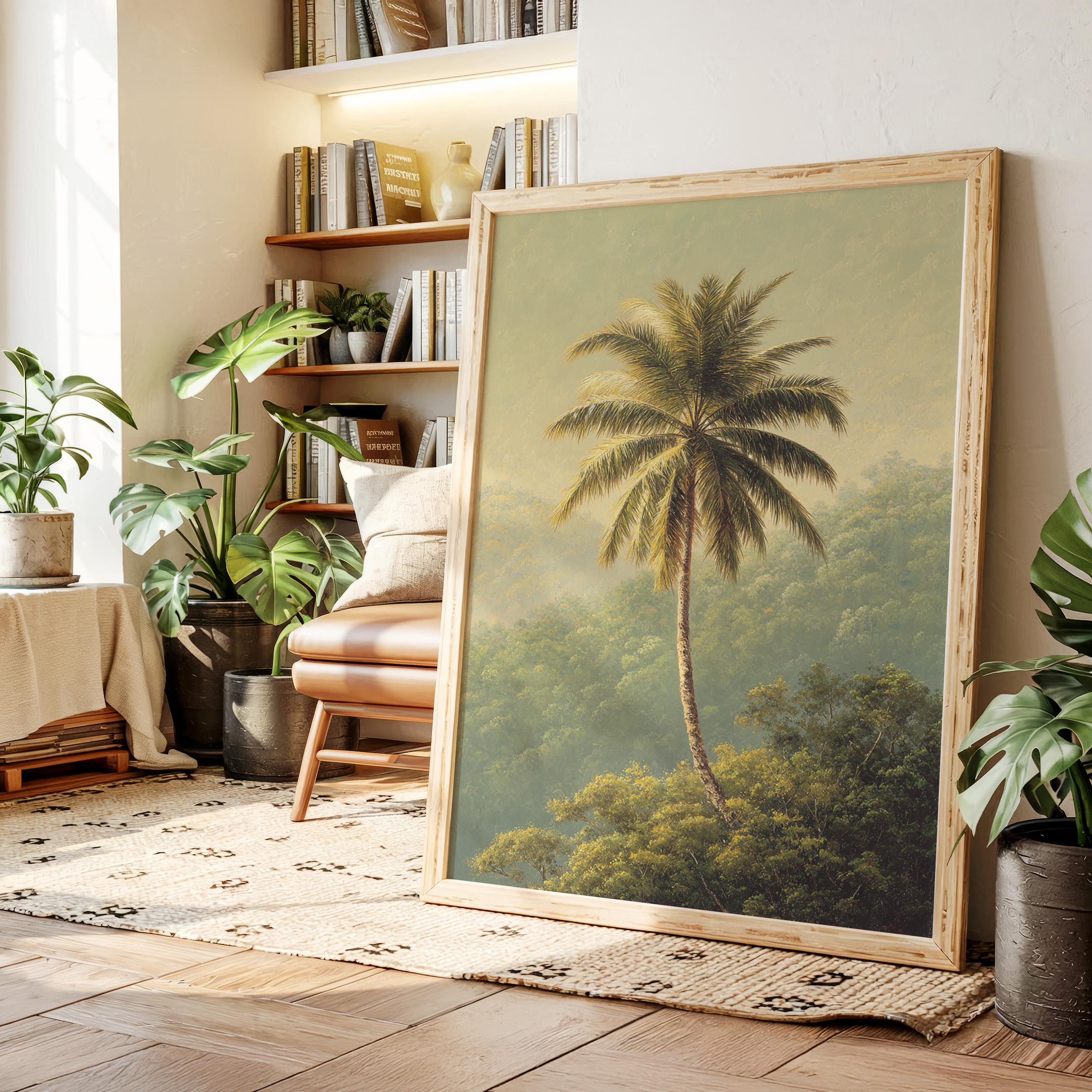Tropical Palm Tree Wall Art – Serene Jungle Canvas Print with Golden Light, Coastal Nature Landscape in Vintage Oil Painting Style