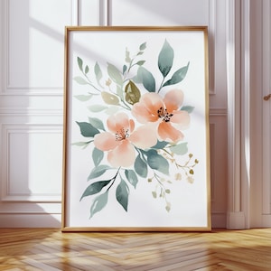 Soft Peach Watercolor Floral Art - Elegant Blooming Flowers with Greenery for Modern Home or Office Decor - Botanical Wall Art Print