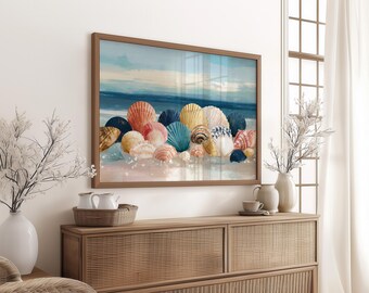 May include: A framed watercolour painting of seashells in orange, blue, yellow, and white. The artwork is displayed above a wooden cabinet with a woven front, alongside decorative vases and a window.