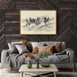 Wild Horses Drawing | Western Cowboy Sketch Canvas Wall Art