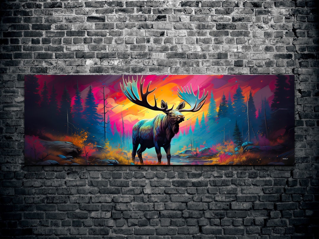 Day Glo Alaskan Moose Canvas Wall Art, Landscape Moose Canvas Wall Art