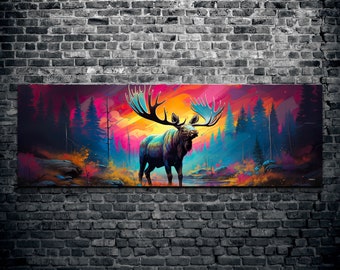 Day Glo Alaskan Moose Canvas Wall Art, Landscape Moose Canvas Wall Art, Moose Hangable Art, Canadian Moose Canvas Wall Art, Kooly Art