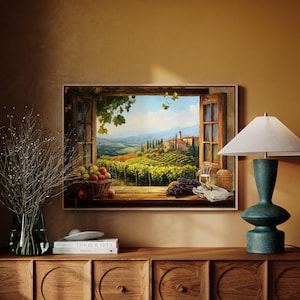 Escape to the Italian countryside with this Tuscany vineyard window view canvas. A warm rustic painting perfect for kitchens, dining rooms, or cozy home decor. Featuring lush vineyards, charming cottages, and a serene atmosphere.