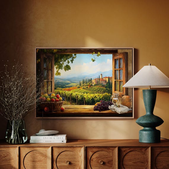 Tuscany Vineyard Window View Canvas Wall Art - Rustic Italian Countryside Painting - Warm Kitchen & Dining Room Decor