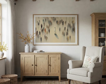 May include: A framed art print depicts a solitary figure in a white robe, casting a shadow, amidst a crowd of blurred figures in muted tones. The artwork hangs above a wooden cabinet in a cozy, well-lit room with a neutral color palette.
